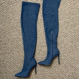 Thigh high blue jean boot